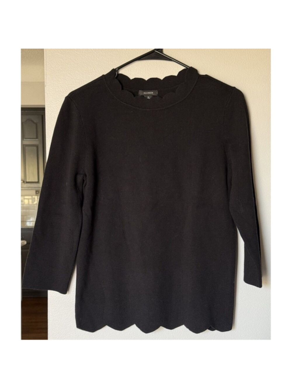 Halogen Women Black Pullover Sweater 3/4 Sleeves Scalloped Edges Sz M Petite